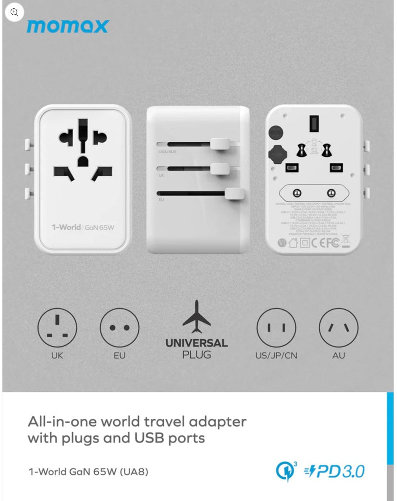 1-World 65W GaN 方便式旅行插座轉插 UA8UK